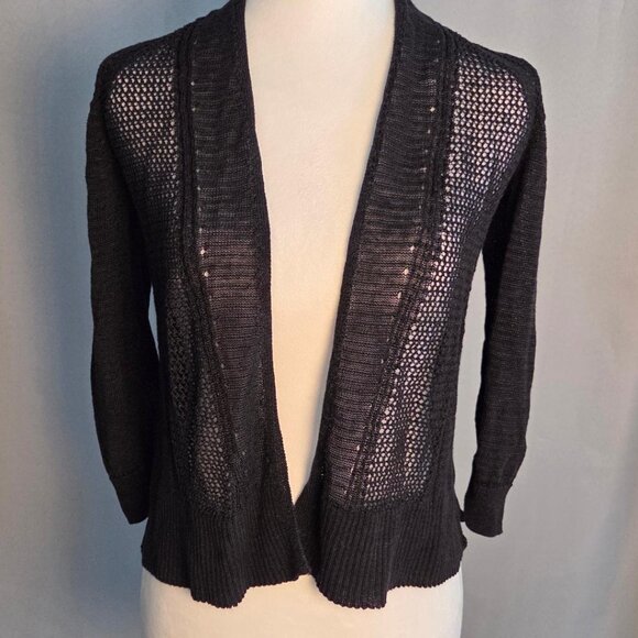 Alfani Black Cardigan Mixed Stitching Linen Blend 3/4 sleeves Open Front Size PS - Picture 1 of 6